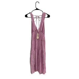 Salty Lemon Pink Midi Dress Metallic Accents Tie Back Sundress Flowy Size S NWT